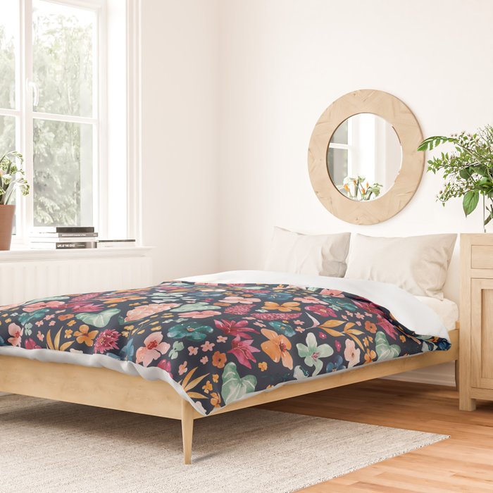 Colorful Tropical Jungle Watercolor Botanical Floral on Navy Blue Duvet Cover Gallery Image 2
