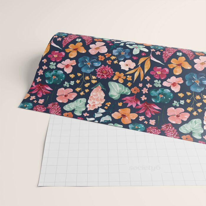 Colorful Tropical Jungle Watercolor Botanical Floral on Navy Blue Wrapping Paper Gallery Image 2