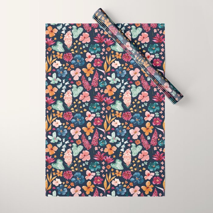 Colorful Tropical Jungle Watercolor Botanical Floral on Navy Blue Wrapping Paper Gallery Image 1