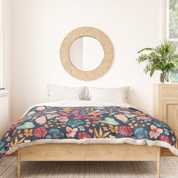 Colorful Tropical Jungle Watercolor Botanical Floral on Navy Blue Duvet Cover Gallery Image 3
