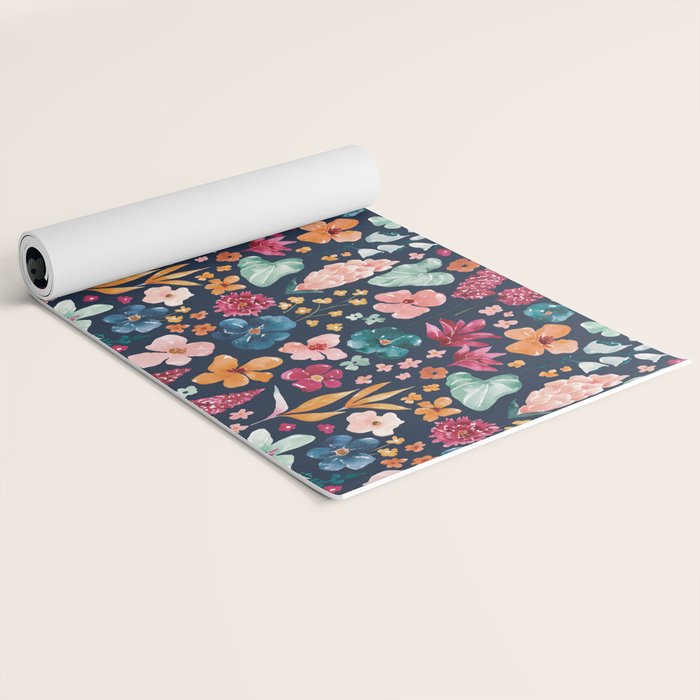 Colorful Tropical Jungle Watercolor Botanical Floral on Navy Blue Yoga Mat Gallery Image 2