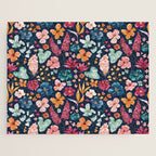 Colorful Tropical Jungle Watercolor Botanical Floral on Navy Blue Jigsaw Puzzle Gallery Image 1