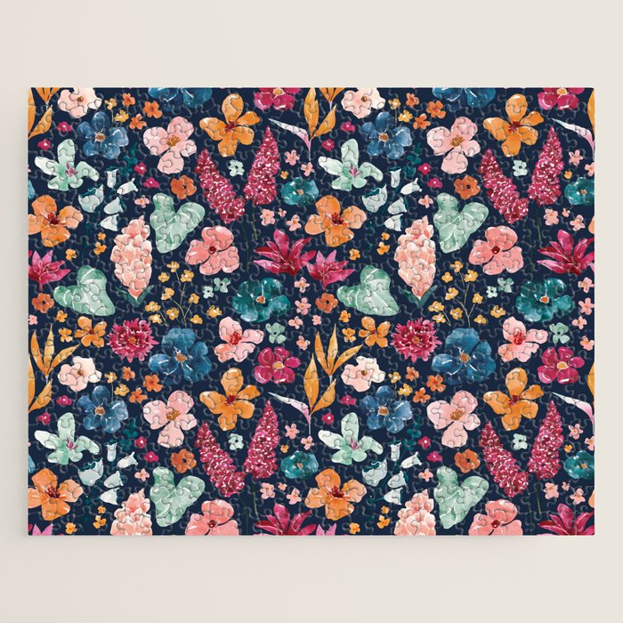 Colorful Tropical Jungle Watercolor Botanical Floral on Navy Blue Jigsaw Puzzle Gallery Image 1