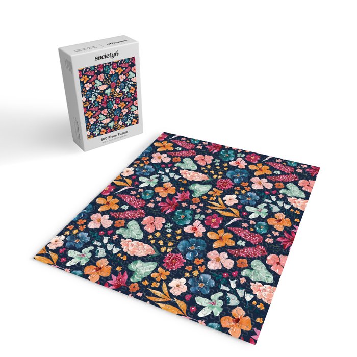 Colorful Tropical Jungle Watercolor Botanical Floral on Navy Blue Jigsaw Puzzle Gallery Image 2