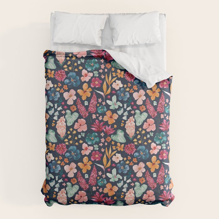 Colorful Tropical Jungle Watercolor Botanical Floral on Navy Blue Duvet Cover Gallery Image 6