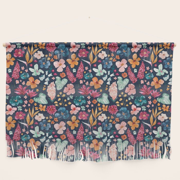 Colorful Tropical Jungle Watercolor Botanical Floral on Navy Blue Wall Hanging Gallery Image 1