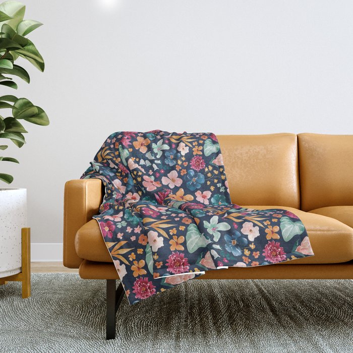 Colorful Tropical Jungle Watercolor Botanical Floral on Navy Blue Throw Blanket Gallery Image 1