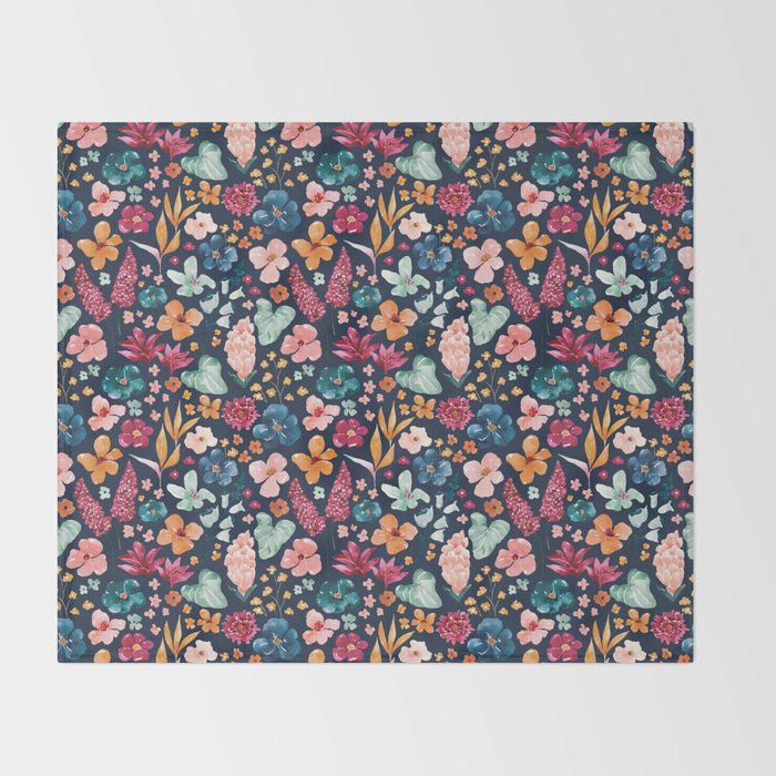 Colorful Tropical Jungle Watercolor Botanical Floral on Navy Blue Throw Blanket Gallery Image 2