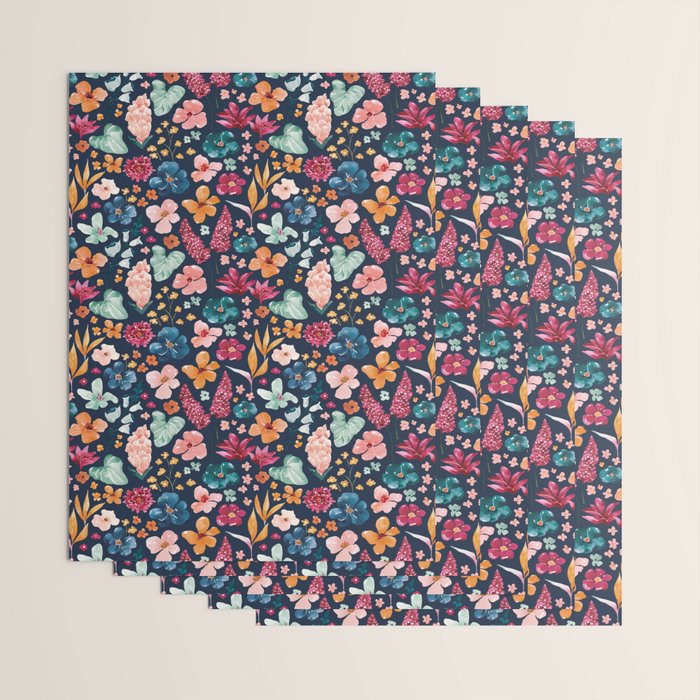 Colorful Tropical Jungle Watercolor Botanical Floral on Navy Blue Wrapping Paper Gallery Image 3