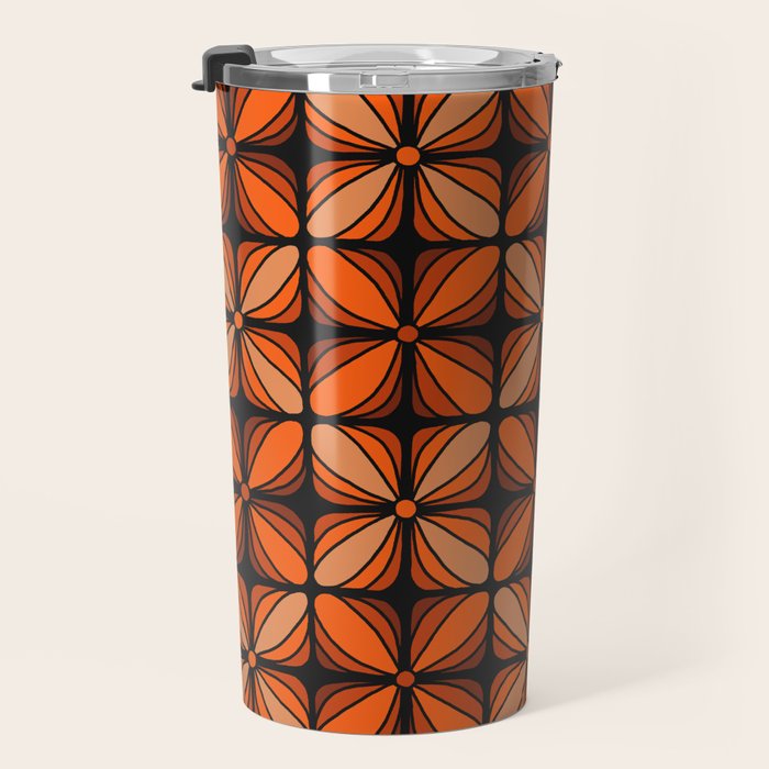 Retro 70s square mod flowers orange brown Travel Mug Gallery Image 3