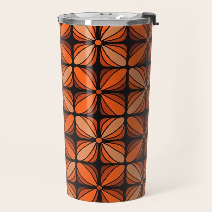 Retro 70s square mod flowers orange brown Travel Mug Gallery Image 2