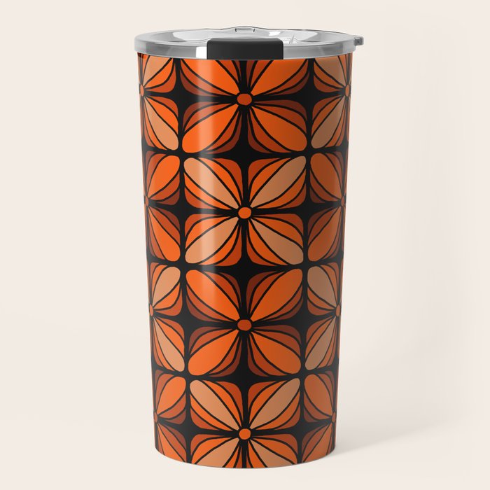 Retro 70s square mod flowers orange brown Travel Mug Gallery Image 1