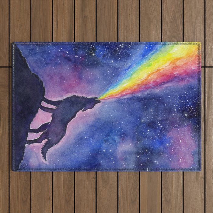 Galaxy Wolf Howling Rainbow Outdoor Rug Gallery Image 1