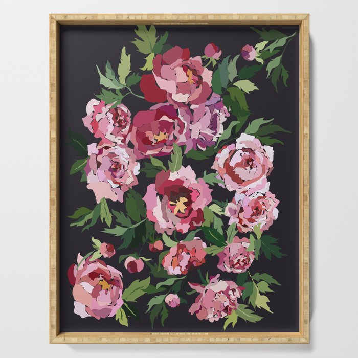 Peony dark coal background Serving Tray Gallery Image 1