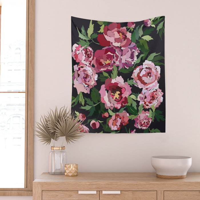 Peony dark coal background Wall Tapestry Gallery Image 2