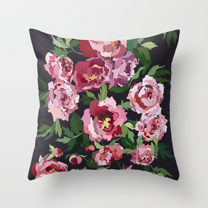 Peony dark coal background Throw Pillow Gallery Image 1