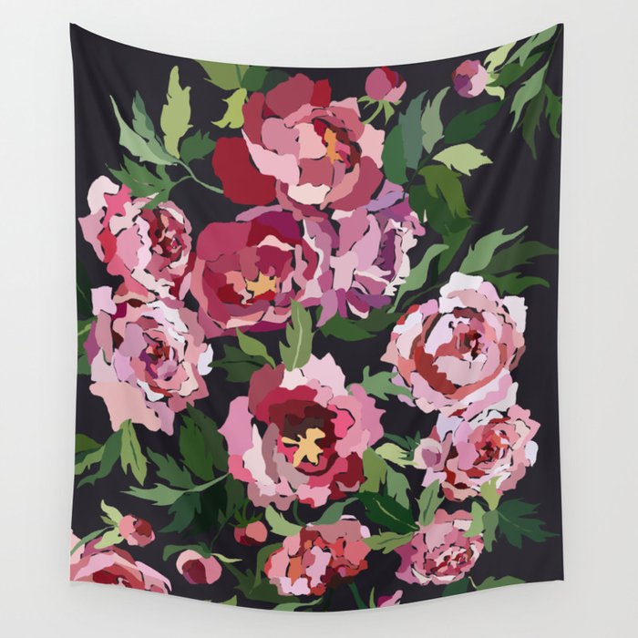 Peony dark coal background Wall Tapestry Gallery Image 1