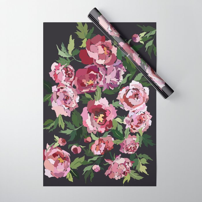 Peony dark coal background Wrapping Paper Gallery Image 1