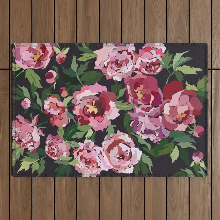 Peony dark coal background Outdoor Rug Gallery Image 1