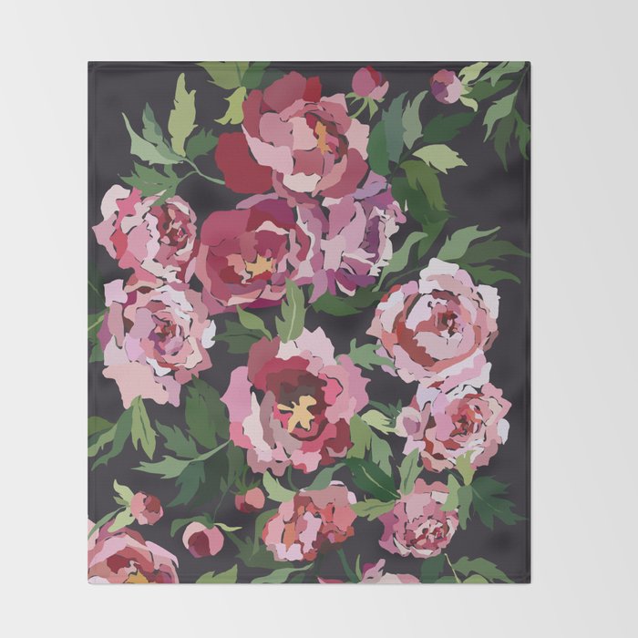 Peony dark coal background Throw Blanket Gallery Image 2