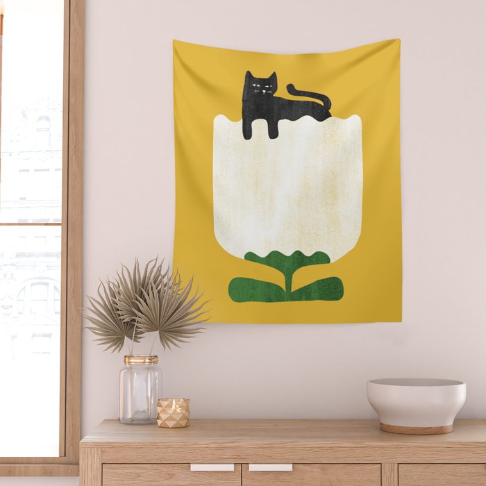 Still life with cat and flower Wall Tapestry Gallery Image 2