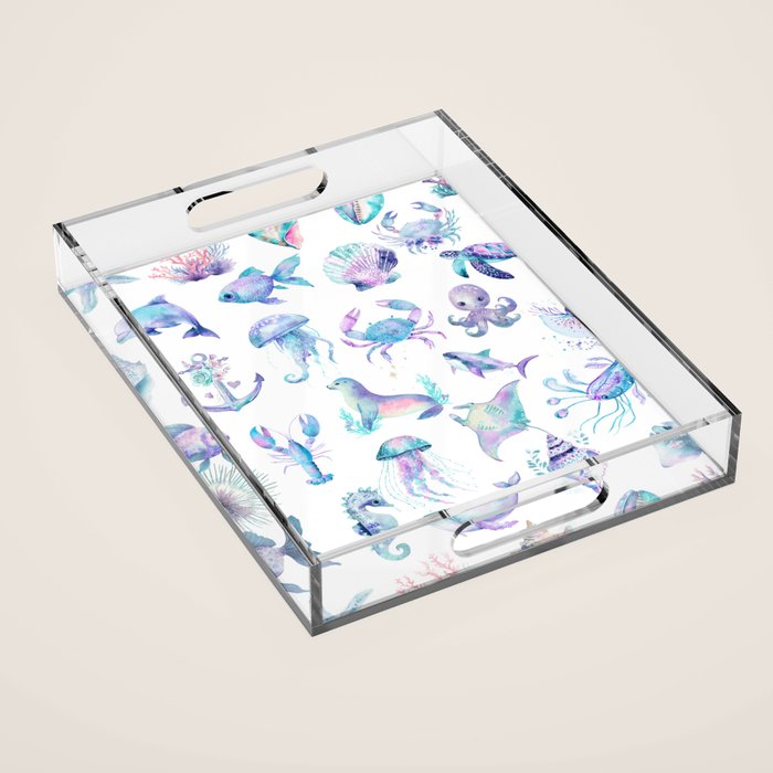Colorful Water Colors Of Various Sea Animals Pattern Acrylic Tray Gallery Image 1