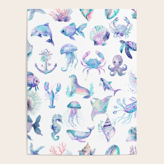 Colorful Water Colors Of Various Sea Animals Pattern Poster Gallery Image 1
