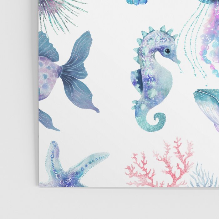 Colorful Water Colors Of Various Sea Animals Pattern Poster Gallery Image 3