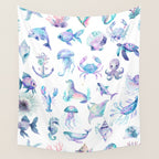 Colorful Water Colors Of Various Sea Animals Pattern Wall Tapestry Gallery Image 4