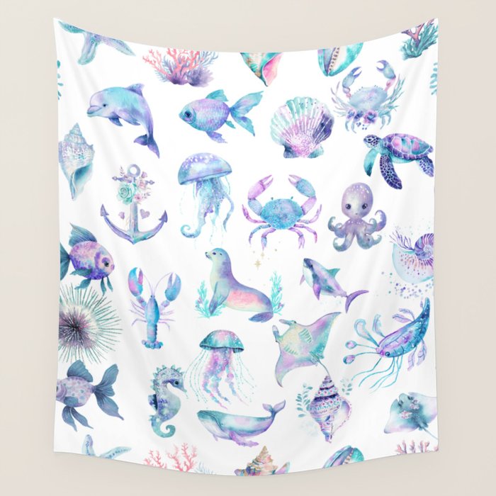 Colorful Water Colors Of Various Sea Animals Pattern Wall Tapestry Gallery Image 4