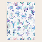 Colorful Water Colors Of Various Sea Animals Pattern Poster Gallery Image 4