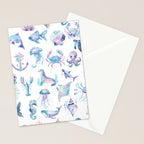 Colorful Water Colors Of Various Sea Animals Pattern Stationery Card Gallery Image 2