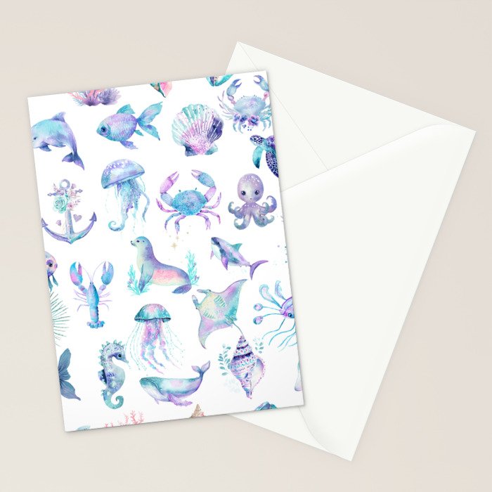 Colorful Water Colors Of Various Sea Animals Pattern Stationery Card Gallery Image 2