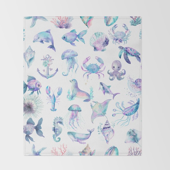 Colorful Water Colors Of Various Sea Animals Pattern Throw Blanket Gallery Image 2