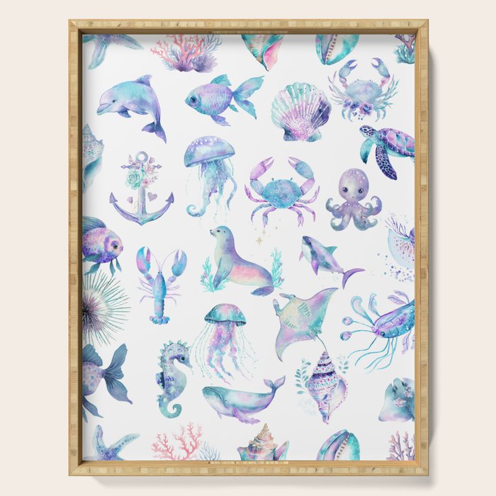 Colorful Water Colors Of Various Sea Animals Pattern Serving Tray Gallery Image 1
