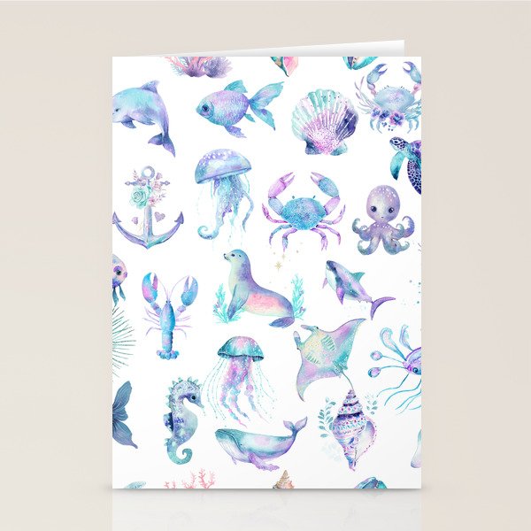 Colorful Water Colors Of Various Sea Animals Pattern Stationery Card Gallery Image 2
