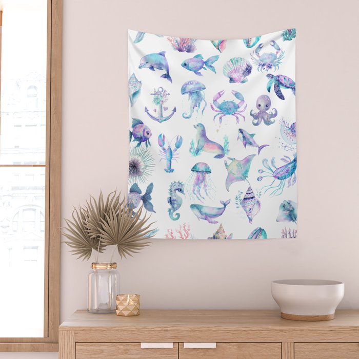Colorful Water Colors Of Various Sea Animals Pattern Wall Tapestry Gallery Image 2