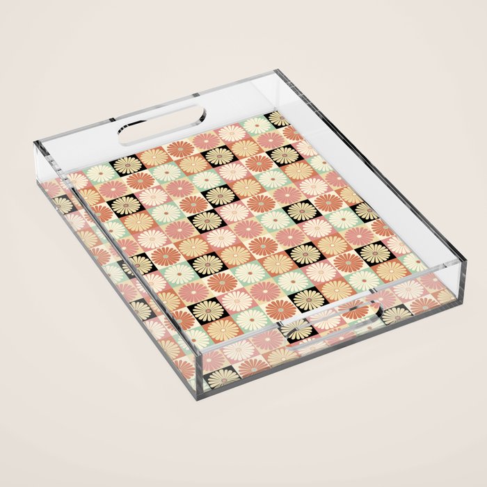 Retro Flowers Check Pattern XXVI Acrylic Tray Gallery Image 1