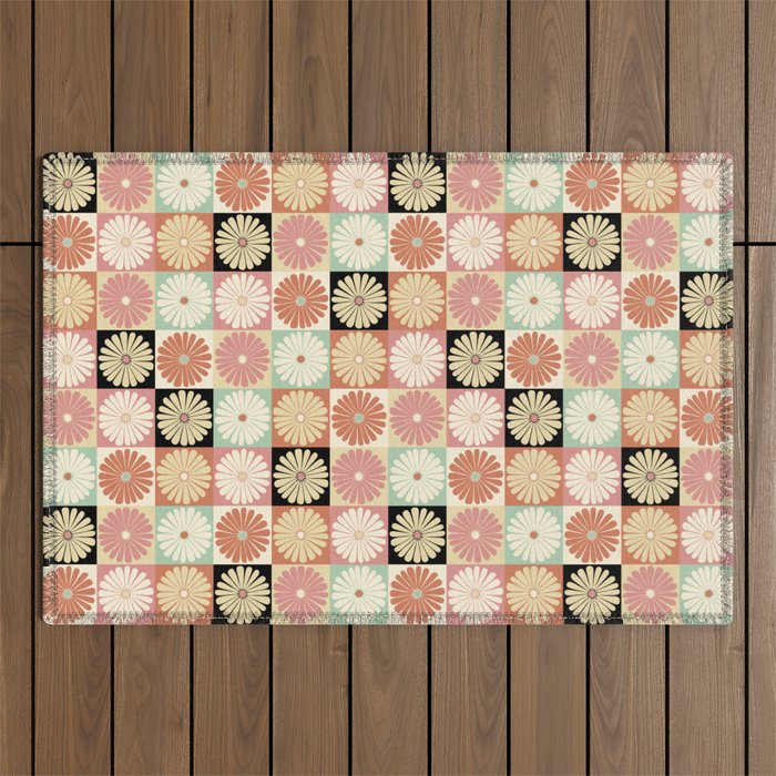 Retro Flowers Check Pattern XXVI Outdoor Rug Gallery Image 1
