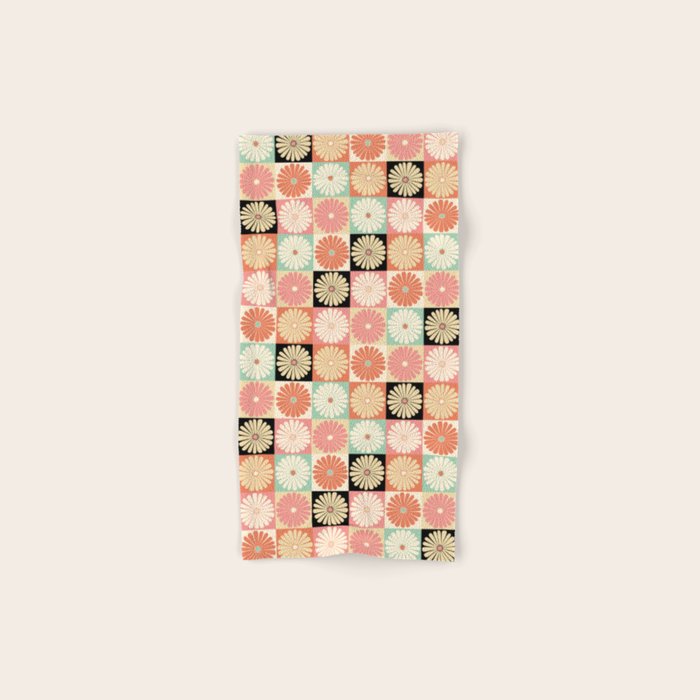 Retro Flowers Check Pattern XXVI Bath Towel Gallery Image 1