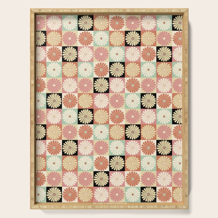 Retro Flowers Check Pattern XXVI Serving Tray Gallery Image 1