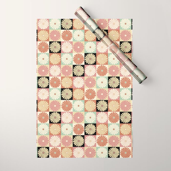 Retro Flowers Check Pattern XXVI Wrapping Paper Gallery Image 1