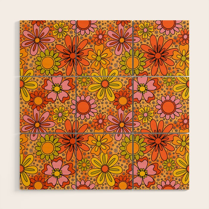 Groovy Flowers in Orange Wood Wall Art Gallery Image 1
