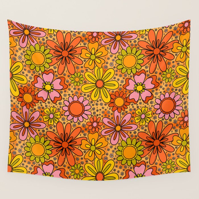 Groovy Flowers in Orange Wall Tapestry Gallery Image 4