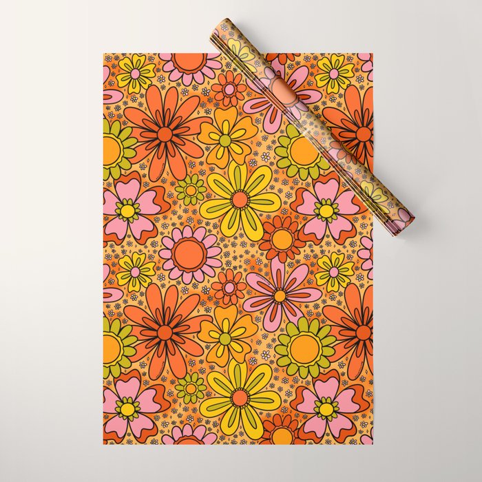 Groovy Flowers in Orange Wrapping Paper Gallery Image 1