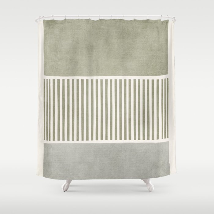 Neutral Green Lines Gray Abstract Artwork Shower Curtain Gallery Image 1