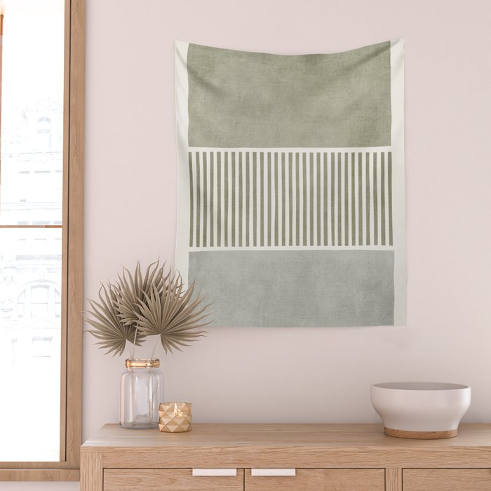 Neutral Green Lines Gray Abstract Artwork Wall Tapestry Gallery Image 2