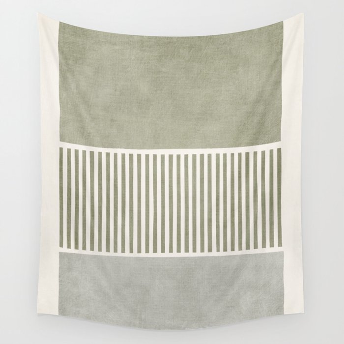 Neutral Green Lines Gray Abstract Artwork Wall Tapestry Gallery Image 4