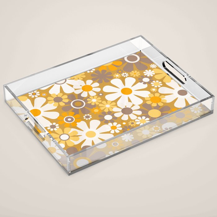 Retro Garden Flowers Groovy 60s 70s Floral Pattern in Ochre Yellow Orange Acrylic Tray Gallery Image 1