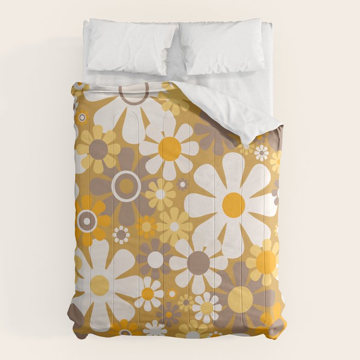 Retro Garden Flowers Groovy 60s 70s Floral Pattern in Ochre Yellow Orange Comforter Gallery Image 6